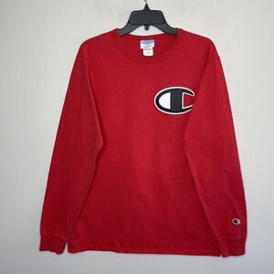 CHAMPION Mens Red Floss-Stitch Big-C Long-Sleeve Tee Large L 100% Cotton